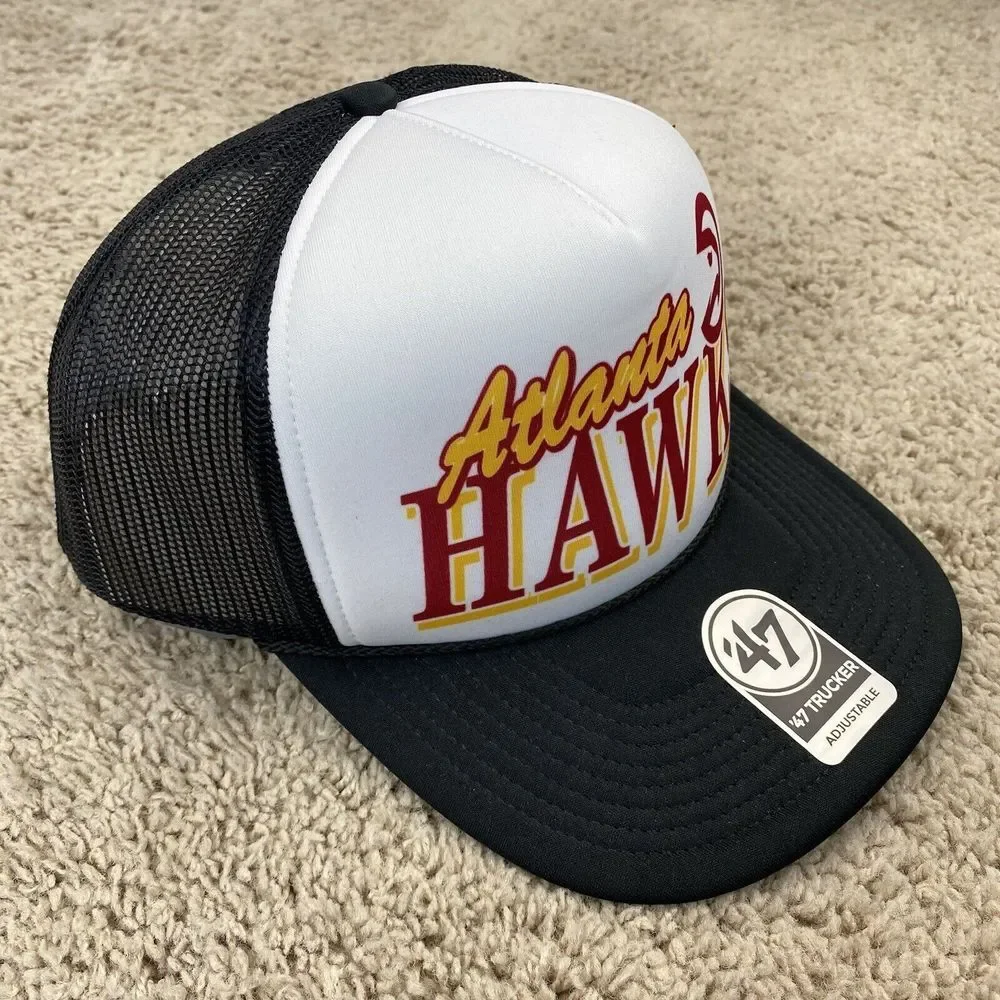 Atlanta Hawks 47 Trucker Hat‎ Foam Snapback White Black Mesh Red Script Logo Cap